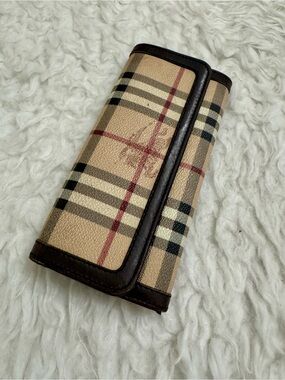 Burberry Beige Plaid Canvas Wallet with Brown Trim and Red Accents